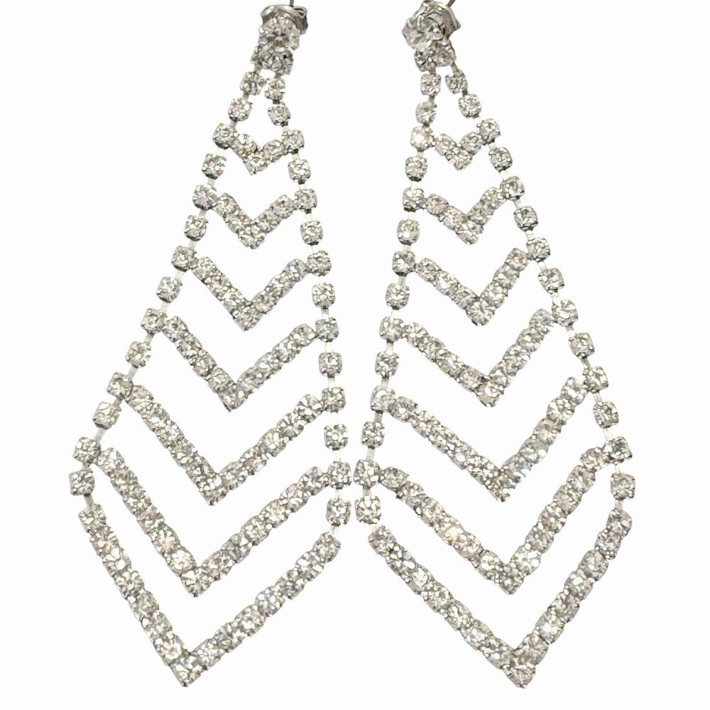 Vintage Rhinestone Chandelier Earrings 3” Silver Tone Chevron Statement Pierced
